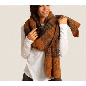 Barefoot Dreams CozyChic Plaid Scarf Wrap Honey Carbon Oversized Soft 72”X17”